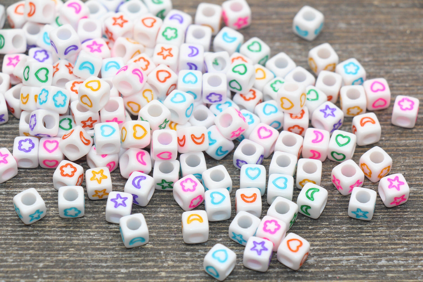 Multicolor Symbol Cube Beads, Moon Heart Flower and Star Symbols Acrylic Cube Beads, Acrylic Square Beads, Size 6mm #159