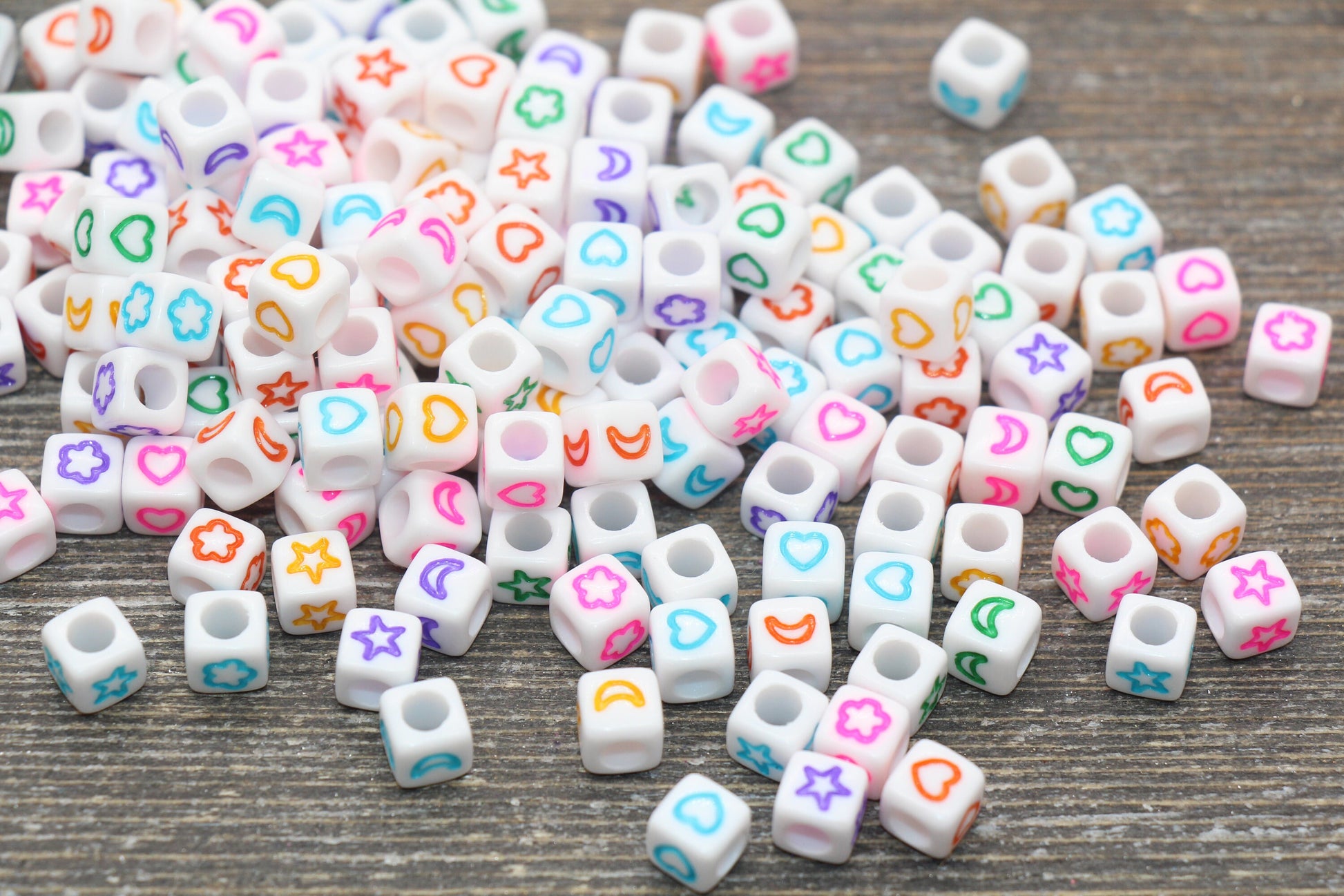 Multicolor Symbol Cube Beads, Moon Heart Flower and Star Symbols Acrylic Cube Beads, Acrylic Square Beads, Size 6mm #159