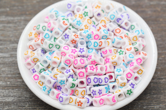 Multicolor Symbol Cube Beads, Moon Heart Flower and Star Symbols Acrylic Cube Beads, Acrylic Square Beads, Size 6mm #159