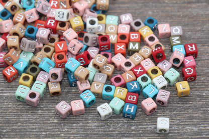 NEW COLOR! Multicolor Cube Alphabet Letter Beads, Multicolored Beads with Silver Letters, Acrylic Square Name Beads, Size 6mm #205