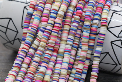 6mm Multicolor Heishi Beads, Lilac, Yellow, and White Mix Polymer Clay Disc Beads, African Disc Beads, Vinyl Heishi, 16 inch Strand #49