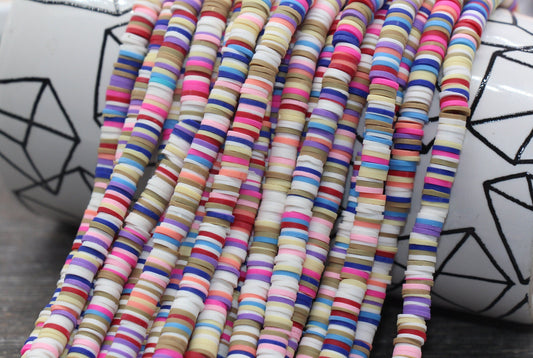 6mm Multicolor Heishi Beads, Lilac, Yellow, and White Mix Polymer Clay Disc Beads, African Disc Beads, Vinyl Heishi, 16 inch Strand #49