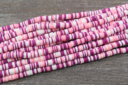 6mm Multicolored Heishi Beads, Pink and White Mix Polymer Clay Disc Beads, African Disc Beads, Wholesale Vinyl Heishi, 16 inch Strand #301