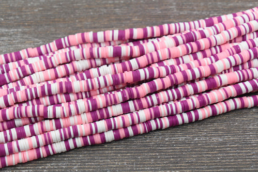 6mm Multicolored Heishi Beads, Pink and White Mix Polymer Clay Disc Beads, African Disc Beads, Wholesale Vinyl Heishi, 16 inch Strand #301