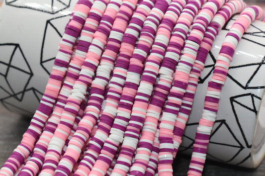 6mm Multicolored Heishi Beads, Pink and White Mix Polymer Clay Disc Beads, African Disc Beads, Wholesale Vinyl Heishi, 16 inch Strand #301