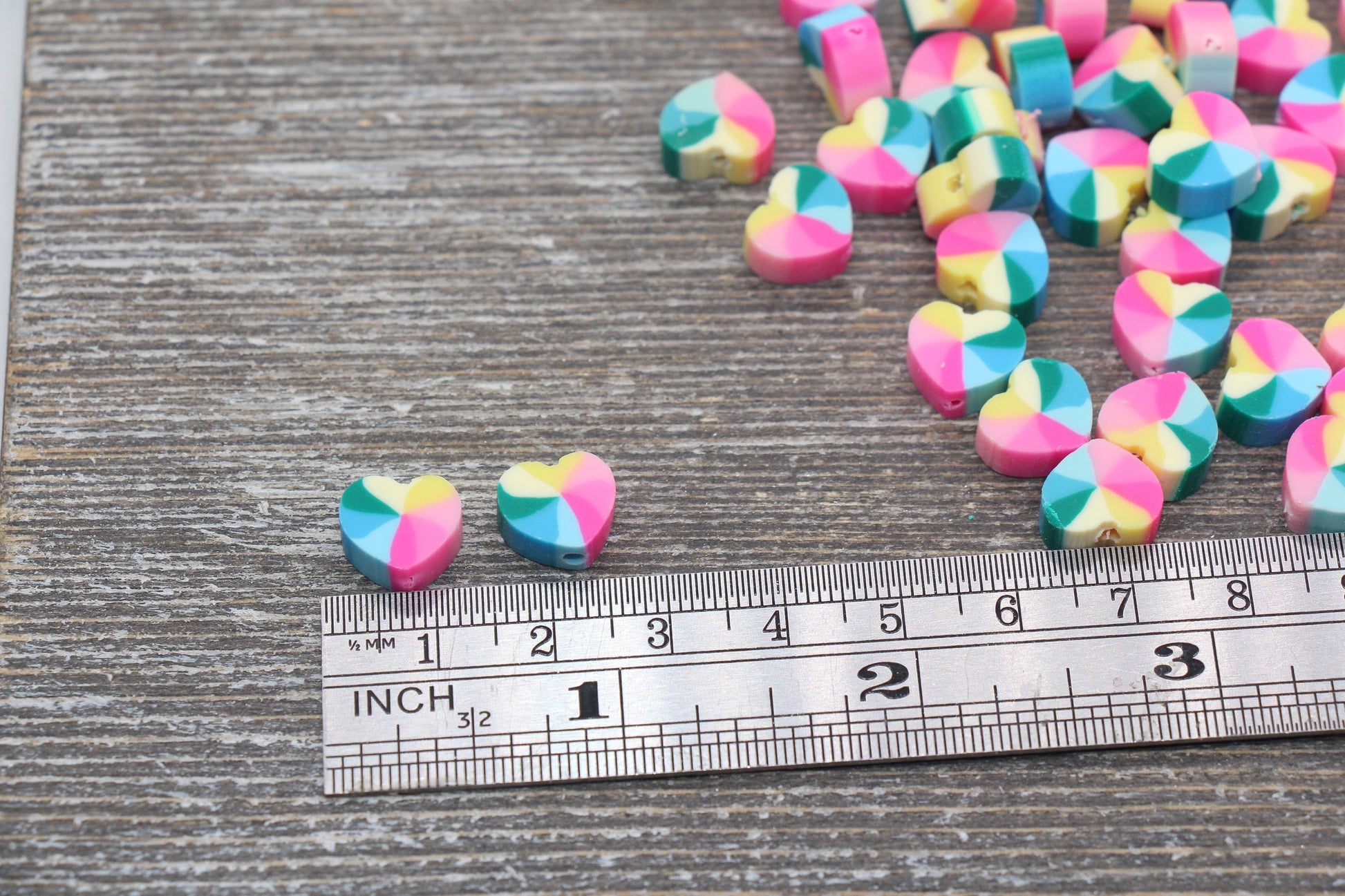 Rainbow Heart Polymer Clay Beads, Heart Cane Beads, Heart Clay Beads, Heart Clay Beads, Jewelry Beads #96