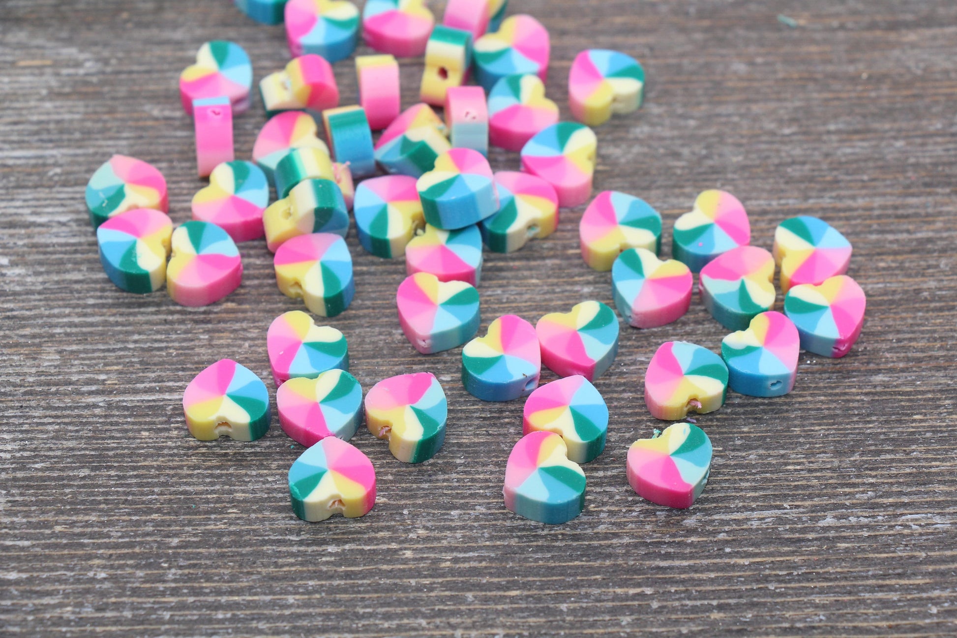 Rainbow Heart Polymer Clay Beads, Heart Cane Beads, Heart Clay Beads, Heart Clay Beads, Jewelry Beads #96