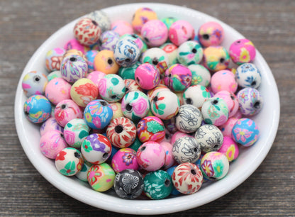 Flower Printed Clay Round Beads, Multicolored Flower Round Polymer Clay Beads, Floral Beads, Assorted Color Round Beads, 6mm 8mm 10mm 12mm