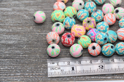 Flower Printed Clay Round Beads, Multicolored Flower Round Polymer Clay Beads, Floral Beads, Assorted Color Round Beads, 6mm 8mm 10mm 12mm