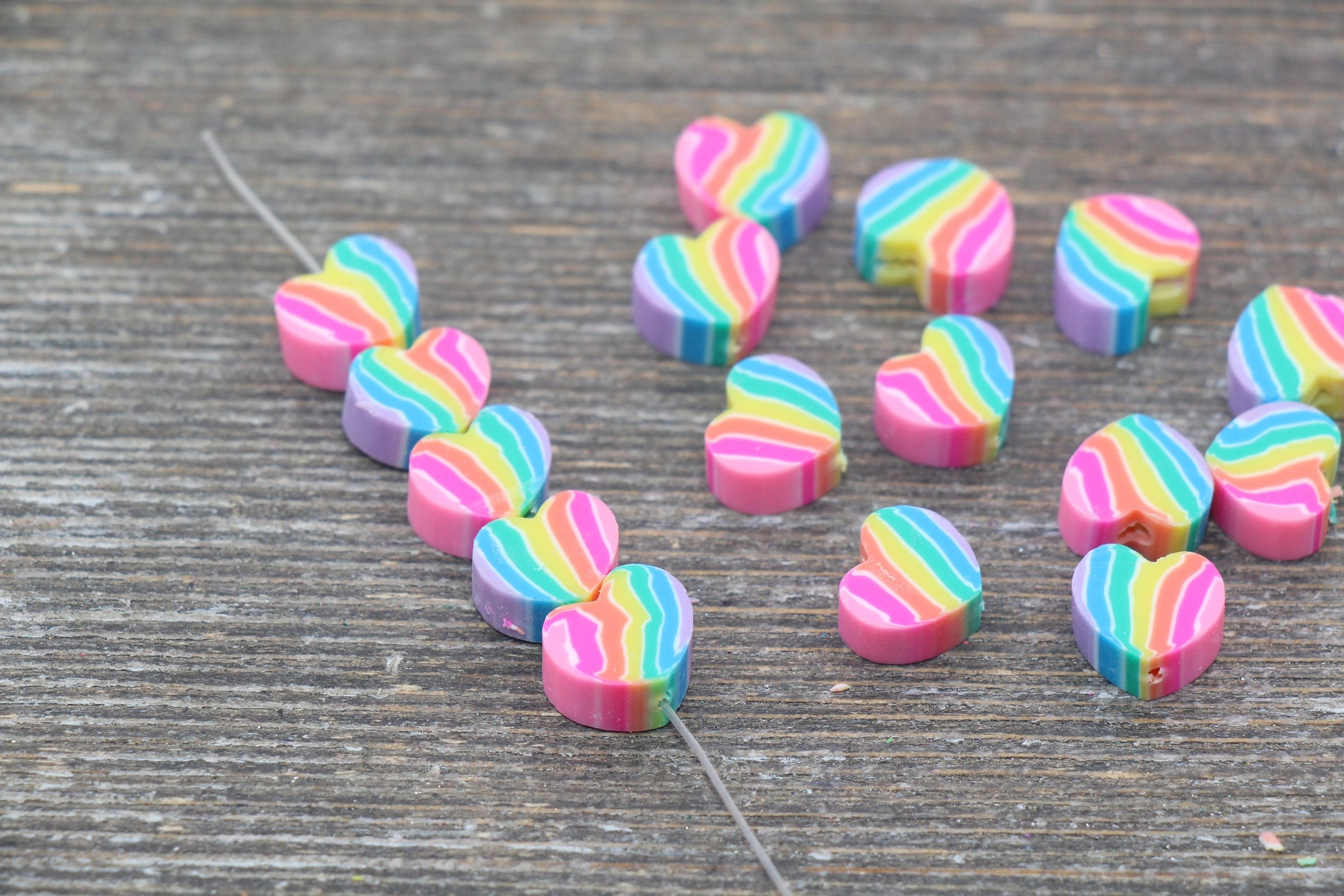 Rainbow Heart Polymer Clay Beads, Heart Clay Round Beads, Loose Beads, Jewelry Beads, Beads for Bracelet #112