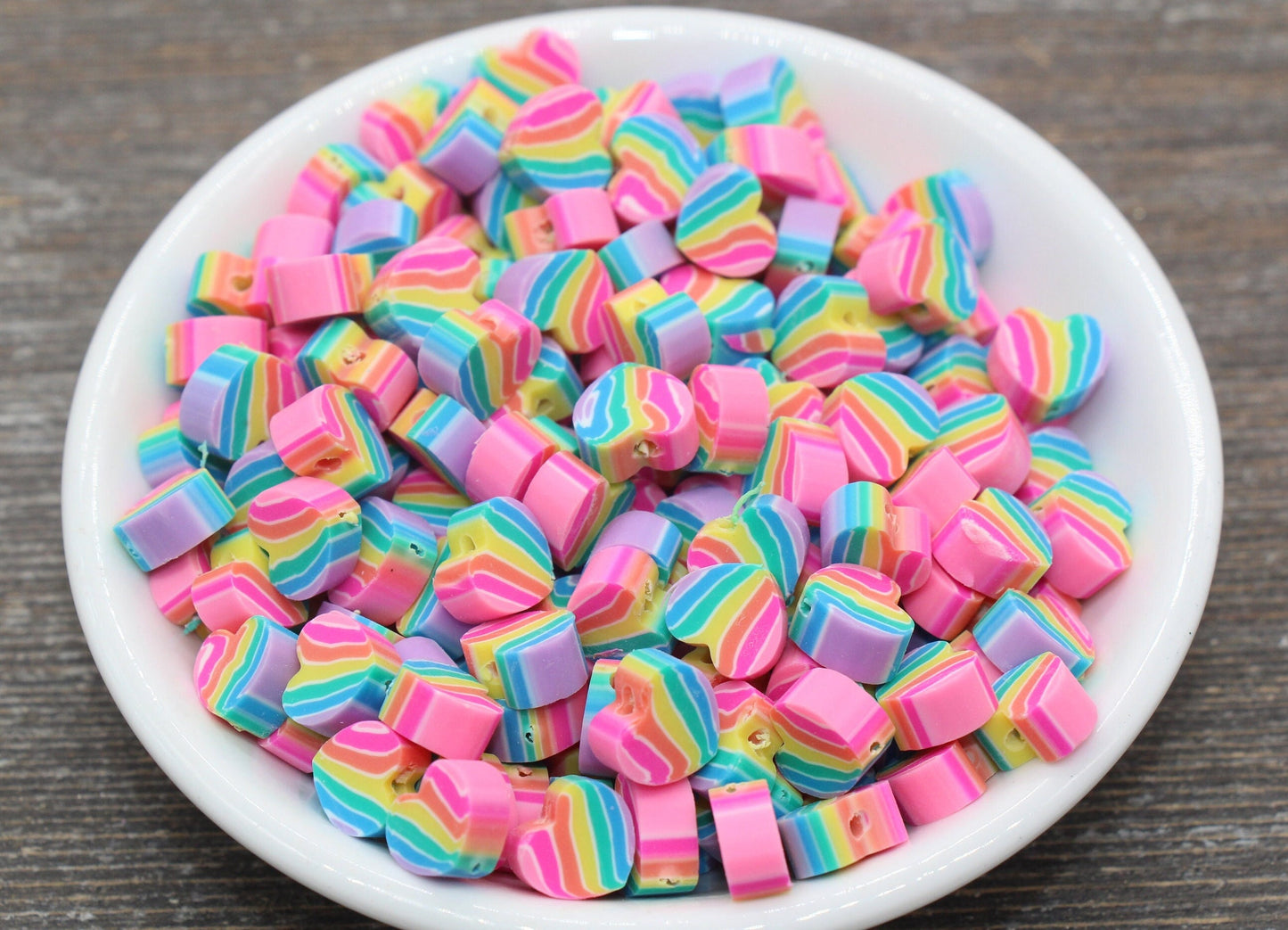 Rainbow Heart Polymer Clay Beads, Heart Clay Round Beads, Loose Beads, Jewelry Beads, Beads for Bracelet #112