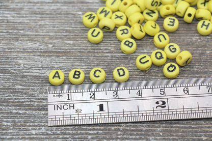 Yellow Alphabet Letter Beads, Acrylic Yellow and Black Letters Beads, Round Acrylic Beads, ABC Letter Beads, Name Beads 7mm #11