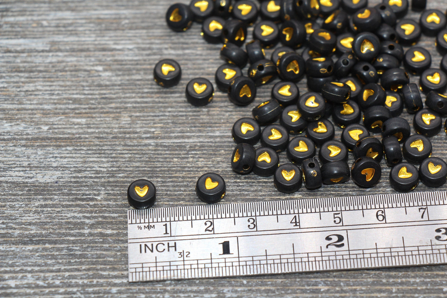 Gold Heart Beads, Acrylic Black Beads with Gold Hearts, Round Plastic Heart Beads, Acrylic Symbol Beads, Heart Beads, Size 7mm #37