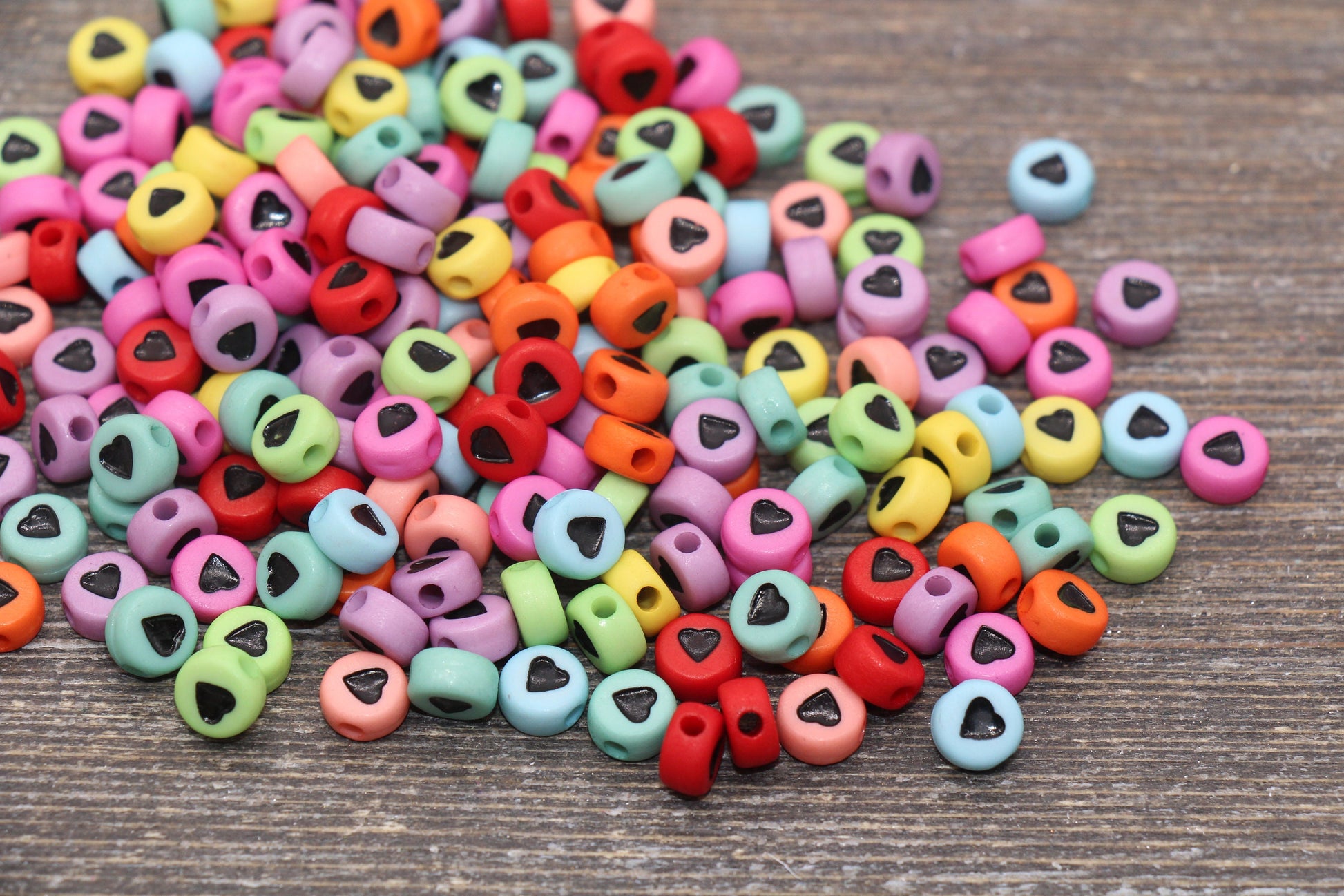 Assorted Heart Beads, Multicolor Beads with Black Hearts, Round Heart Beads, Acrylic Symbol Beads, Size 7mm #64