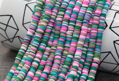 6mm Multicolor Heishi Beads, Blue, Green, and Pink Polymer Clay Disc Beads, African Disc Beads, Wholesale Vinyl Heishi, 16 inch Strand #261