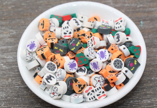 Halloween Polymer Clay Beads, Round Halloween Holiday Fimo Cane Beads, Assorted Beads, Ghost, Jack Skellington Beads, Bead For Bracelet