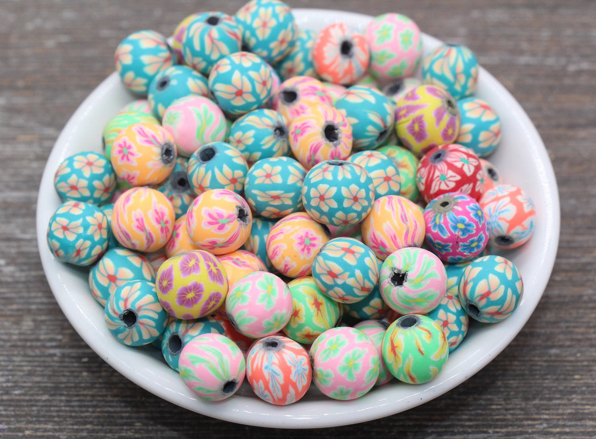6mm flower printed clay round polymer clay beads, flower clay charms for bracelets view 4