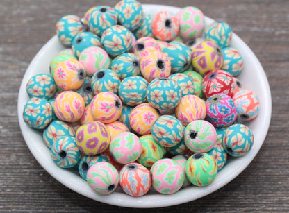 Flower Printed Clay Round Beads, Multicolored Flower Round Polymer Clay Beads, Floral Beads, Assorted Color Round Beads, 6mm 8mm 10mm 12mm