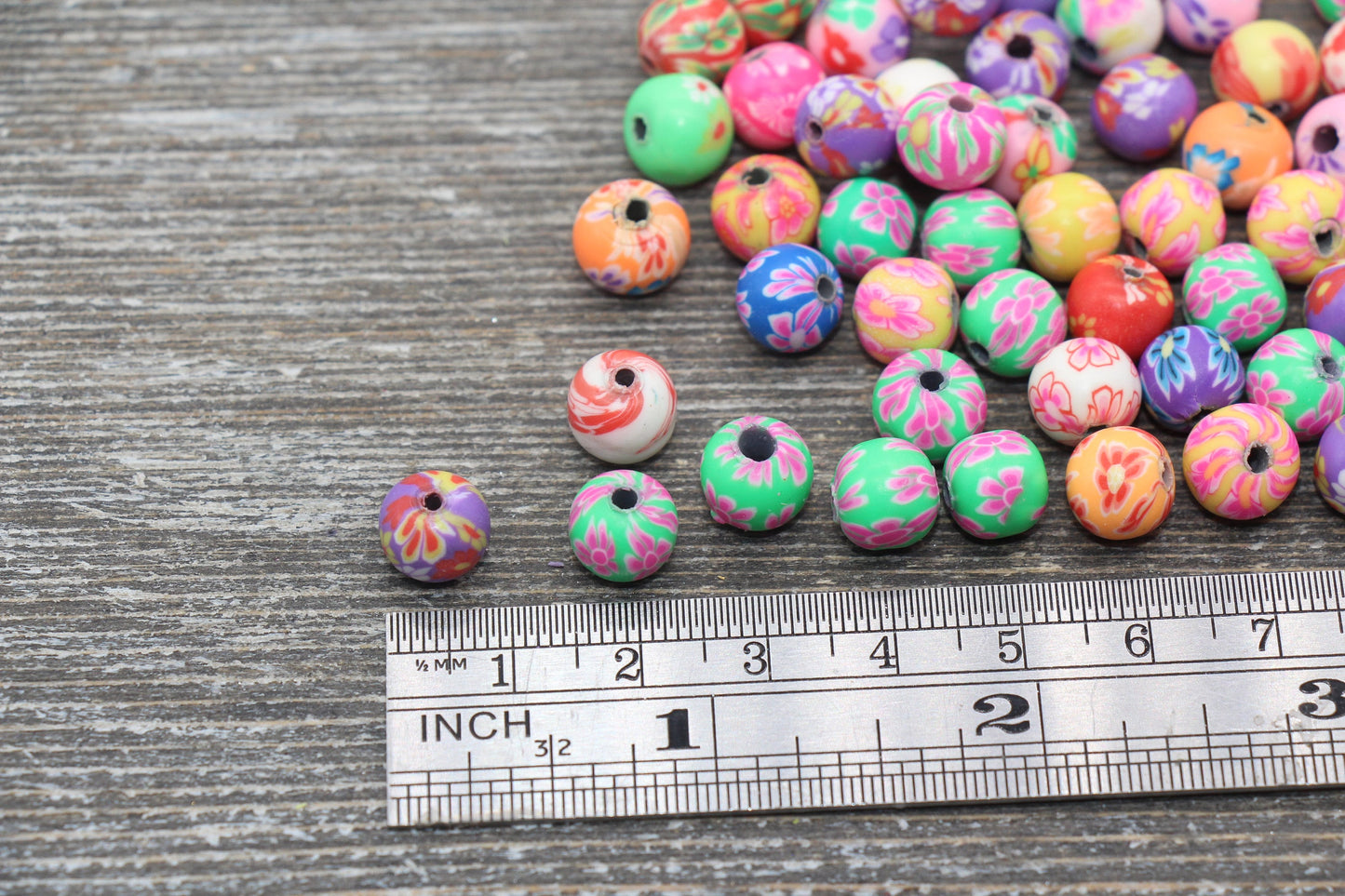 Flower Printed Clay Round Beads, Multicolored Flower Round Polymer Clay Beads, Floral Beads, Assorted Color Round Beads, 6mm 8mm 10mm 12mm