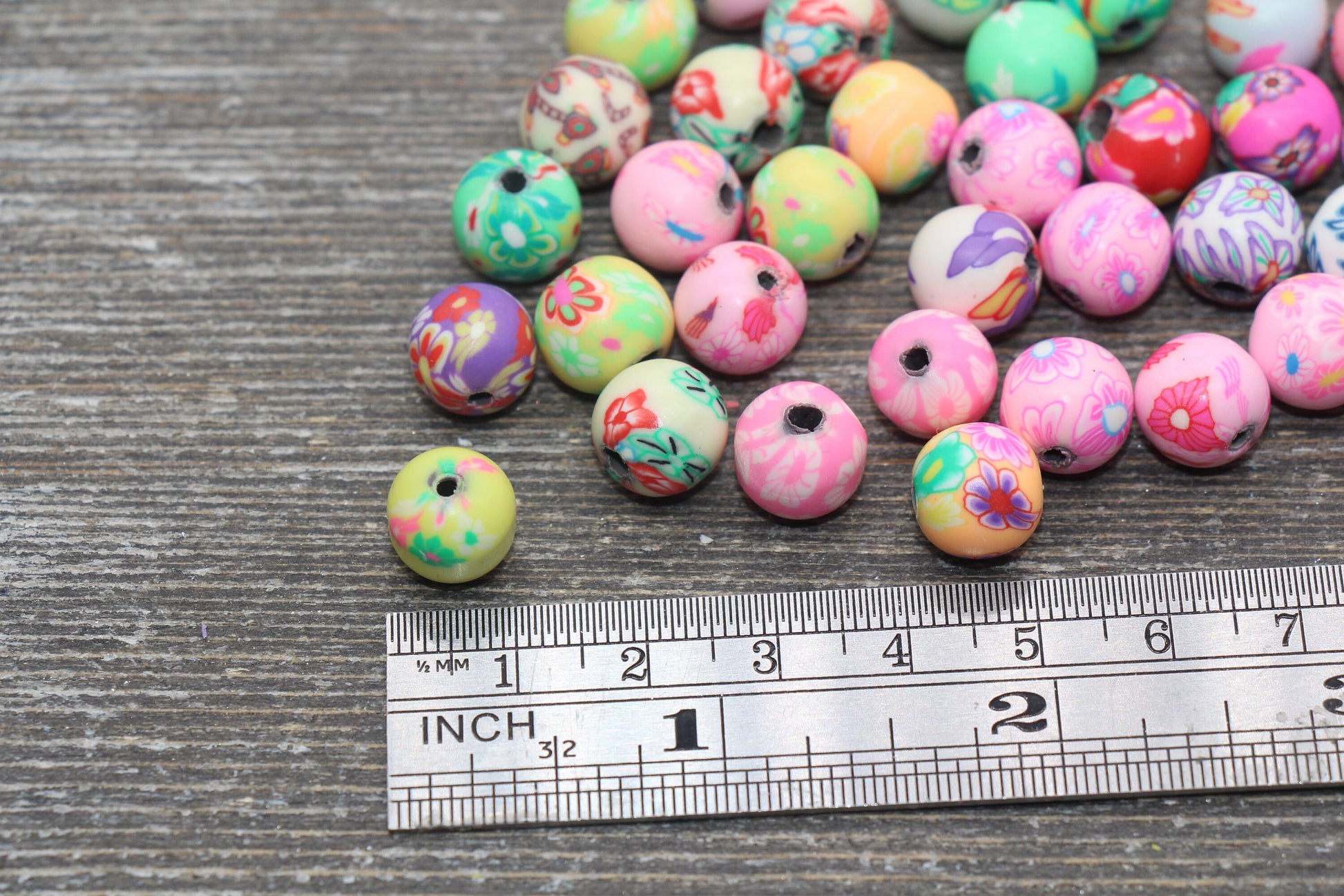 Flower Printed Clay Round Beads, Multicolored Flower Round Polymer Clay Beads, Floral Beads, Assorted Color Round Beads, 6mm 8mm 10mm 12mm