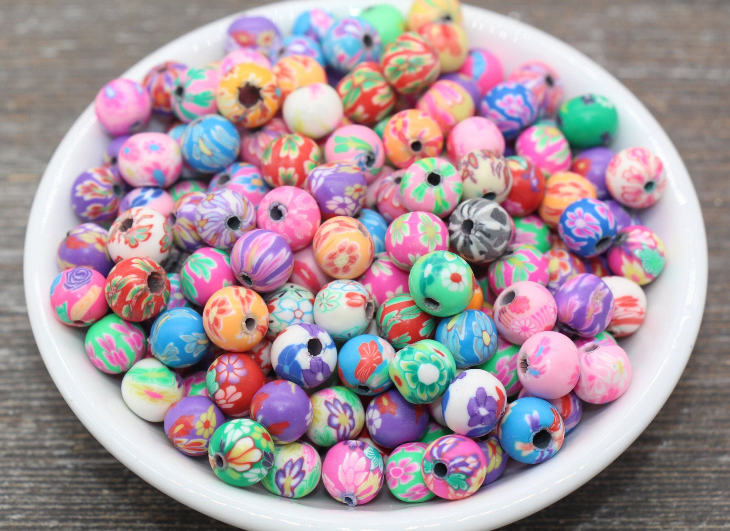 Flower Printed Clay Round Beads, Multicolored Flower Round Polymer Clay Beads, Floral Beads, Assorted Color Round Beads, 6mm 8mm 10mm 12mm