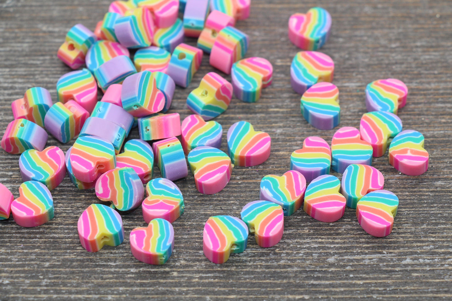 Rainbow Heart Polymer Clay Beads, Heart Clay Round Beads, Loose Beads, Jewelry Beads, Beads for Bracelet #112