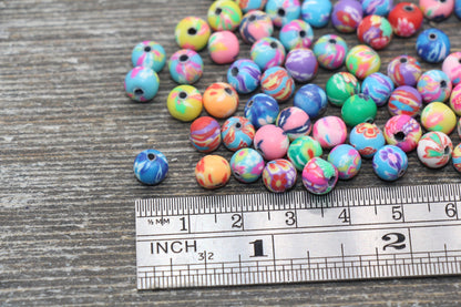 Flower Printed Clay Round Beads, Multicolored Flower Round Polymer Clay Beads, Floral Beads, Assorted Color Round Beads, 6mm 8mm 10mm 12mm