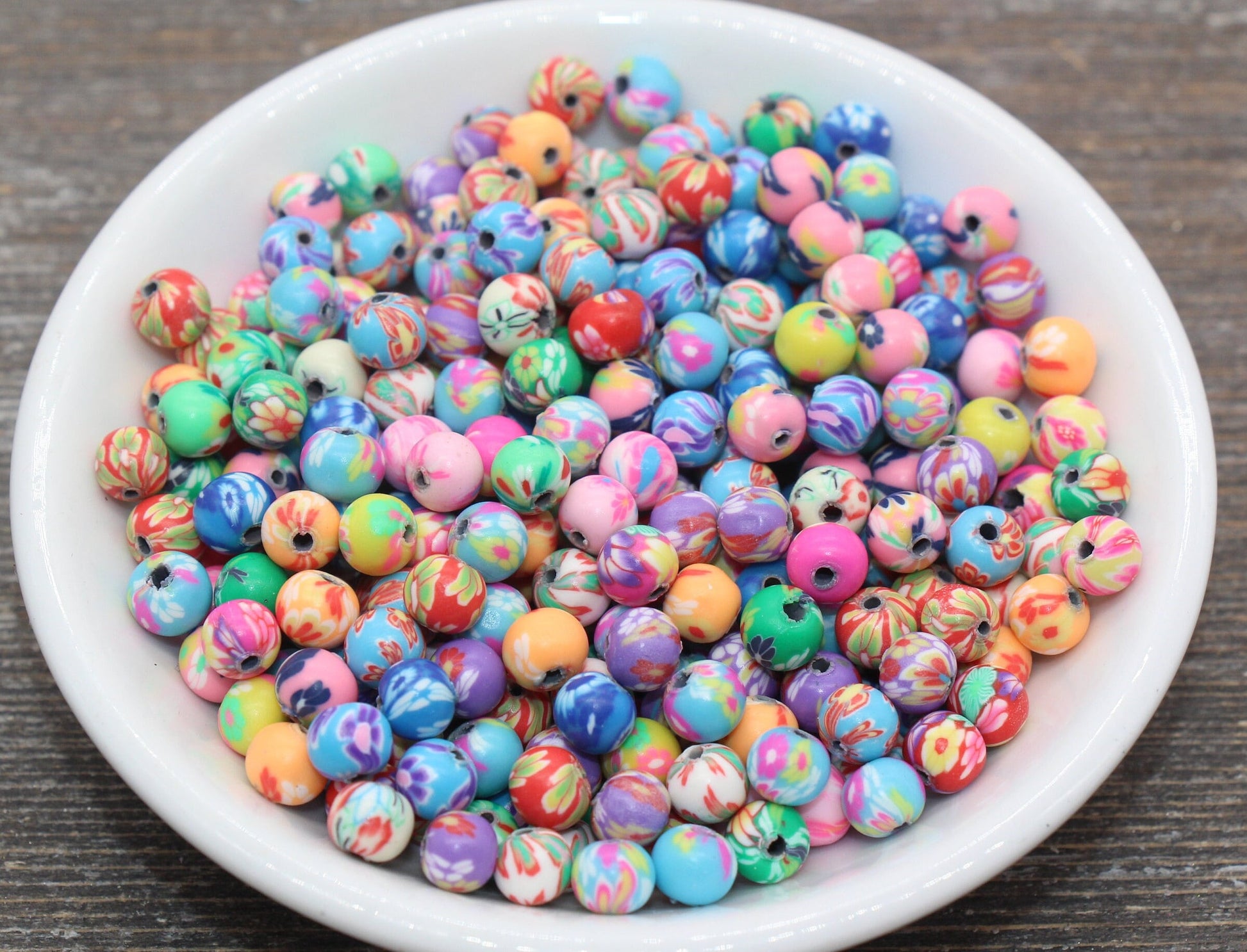 Flower Printed Clay Round Beads, Multicolored Flower Round Polymer Clay Beads, Floral Beads, Assorted Color Round Beads, 6mm 8mm 10mm 12mm