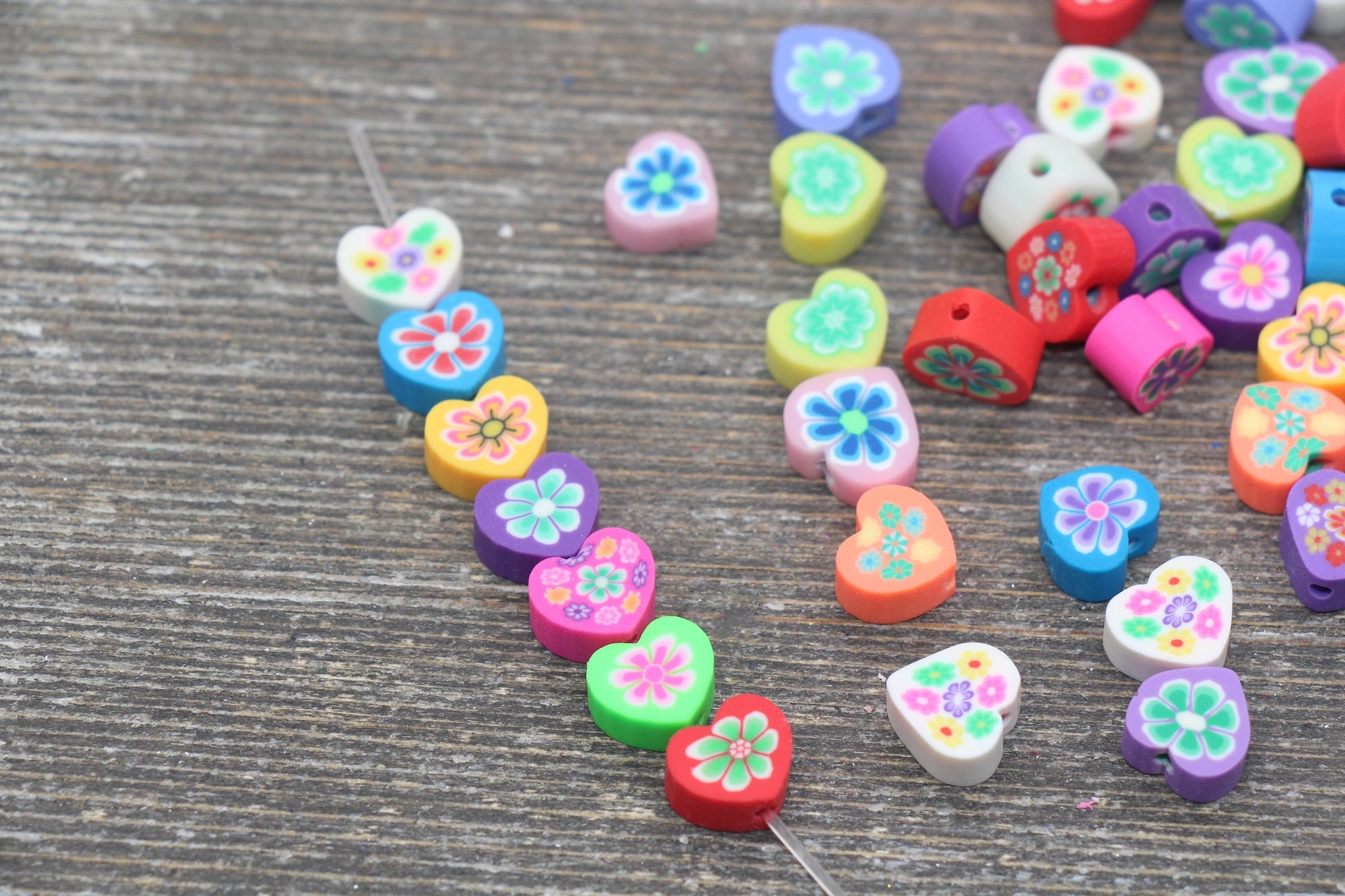 Flower Polymer Clay Beads, Heart Shape Flower Printed Fimo Cane Beads, Assorted Flower Beads, Heart Flower Slice Beads #139