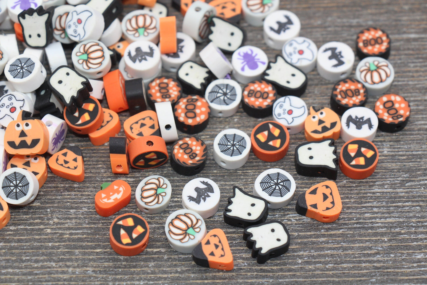 Halloween Theme Beads, Round Halloween Polymer Clay Beads, Assorted Clay Beads, Ghost, Jack O Lantern, Spider Beads, Bead For Bracelet