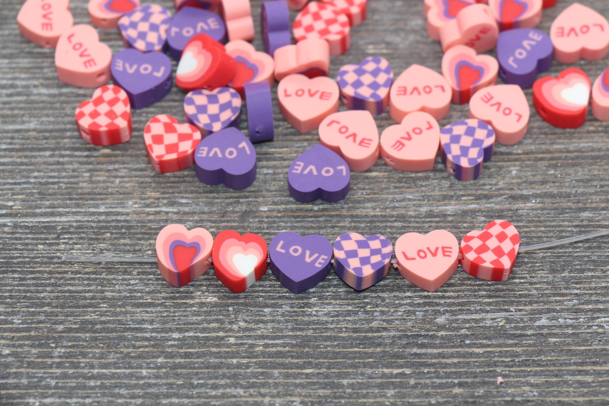 Valentines Day Themed Polymer Clay Beads, Assorted Heart Shape Clay Round Beads, Loose Beads, Jewelry Beads, Beads for Bracelet #116