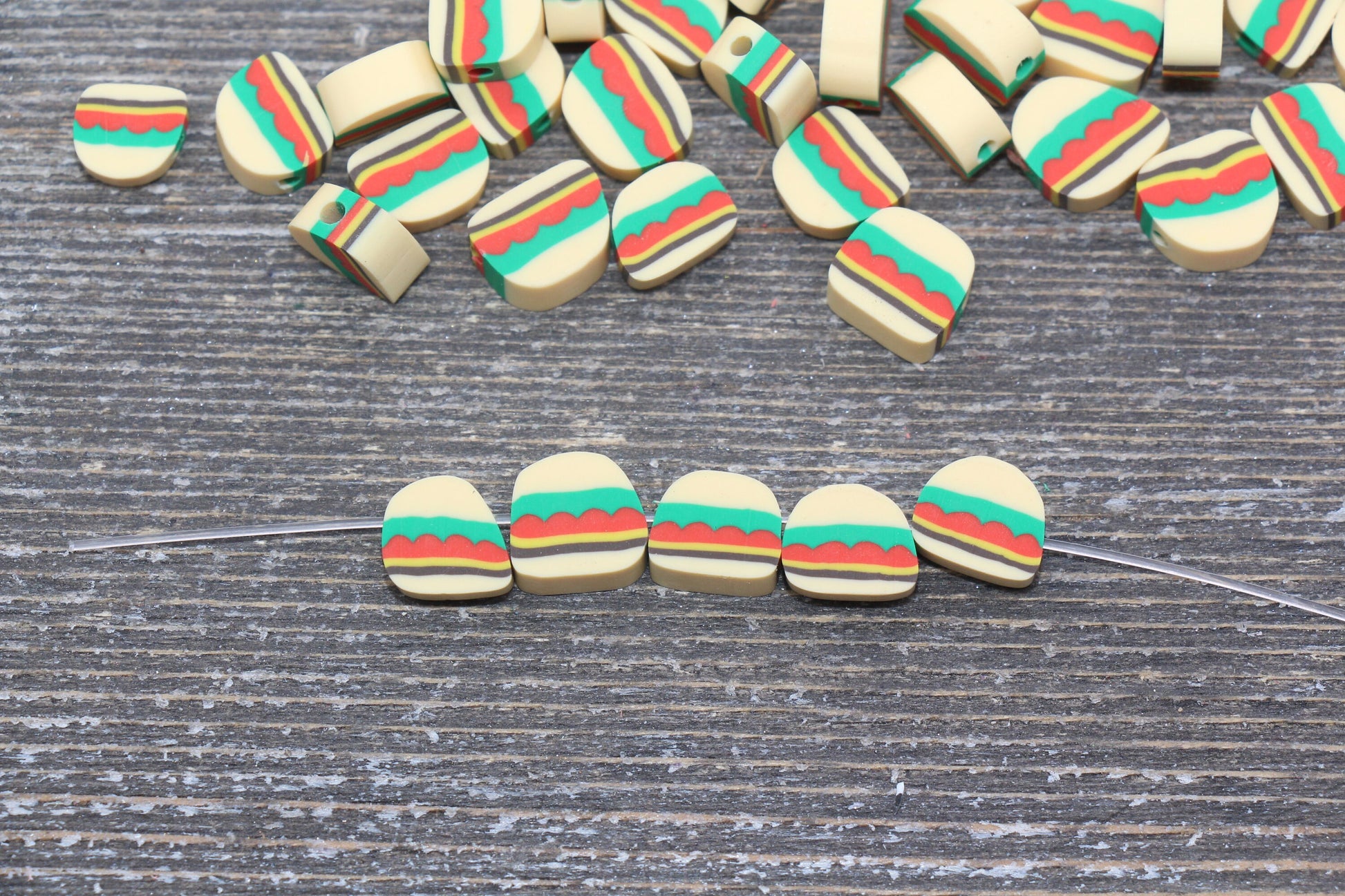 Hamburger Polymer Clay Beads, Kawaii Hamburger Beads, Fimo Cane Beads, Jewelry Beads, Beads for Bracelet #154