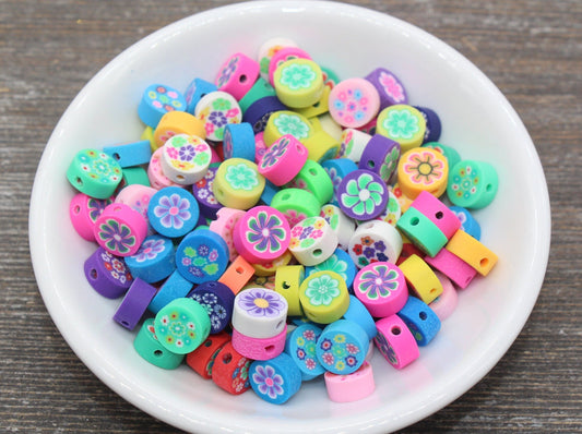 Flower Polymer Clay Beads, Flower Round Clay Beads, Assorted Flower Beads, Rainbow Flower Clay Beads #138