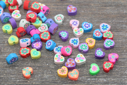 Flower Polymer Clay Beads, Heart Shape Flower Printed Fimo Cane Beads, Assorted Flower Beads, Heart Flower Slice Beads #139