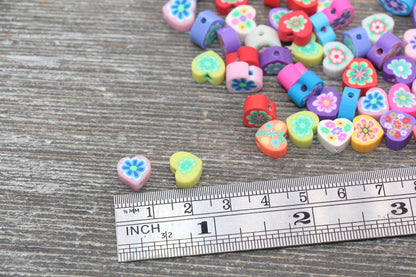 Flower Polymer Clay Beads, Heart Shape Flower Printed Fimo Cane Beads, Assorted Flower Beads, Heart Flower Slice Beads #139