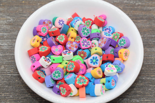 Flower Polymer Clay Beads, Heart Shape Flower Printed Fimo Cane Beads, Assorted Flower Beads, Heart Flower Slice Beads #139