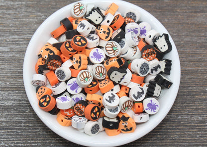 Halloween Theme Beads, Round Halloween Polymer Clay Beads, Assorted Clay Beads, Ghost, Jack O Lantern, Spider Beads, Bead For Bracelet