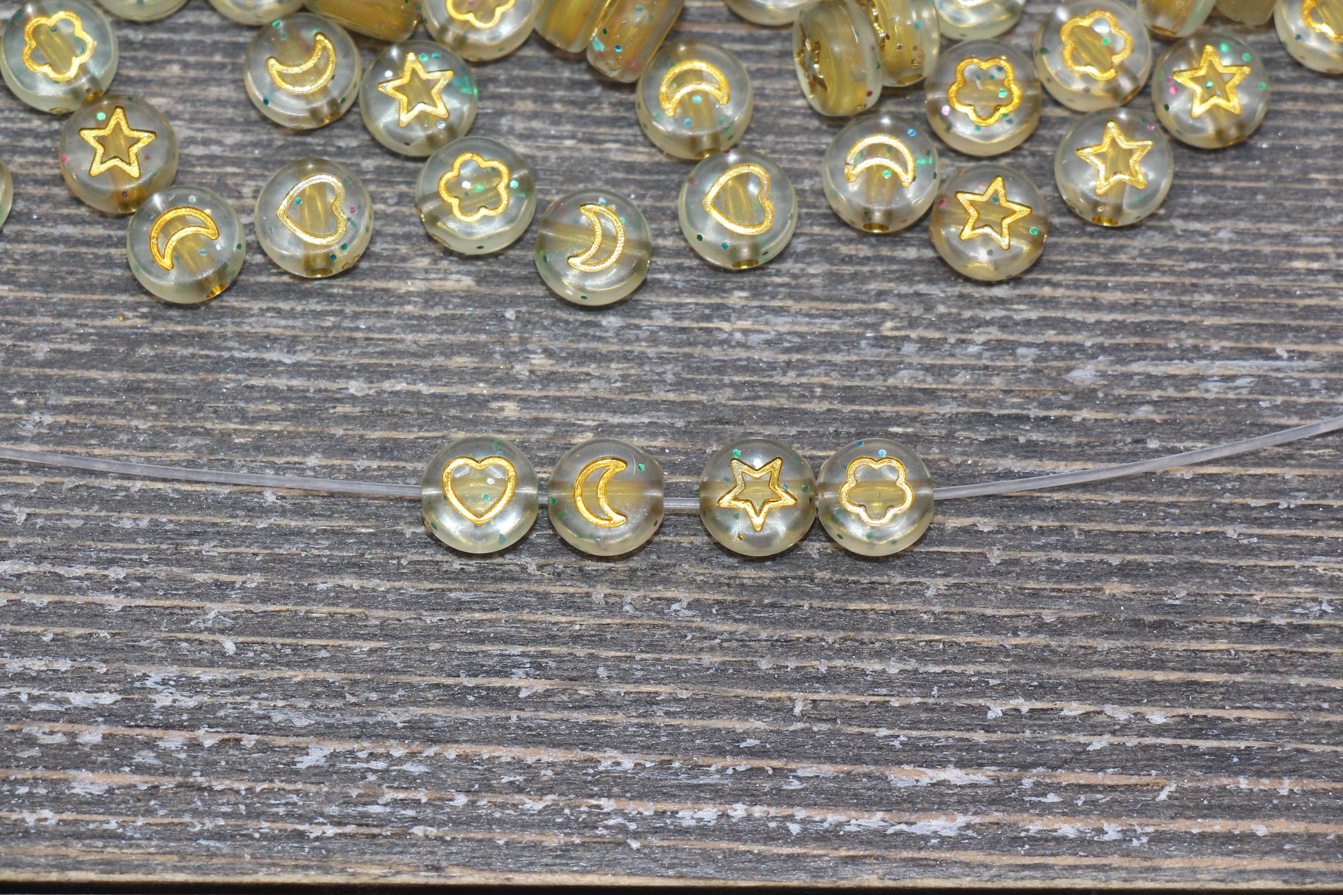 Heart, Star, Flower, Moon Beads, Gold Symbols with Glitter Beads, Symbol Beads, Plastic Heart Star Moon Flower Size 7mm #520