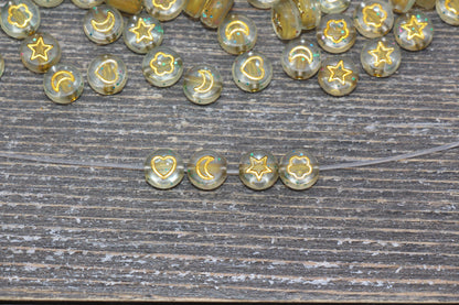 Heart, Star, Flower, Moon Beads, Gold Symbols with Glitter Beads, Symbol Beads, Plastic Heart Star Moon Flower Size 7mm #520