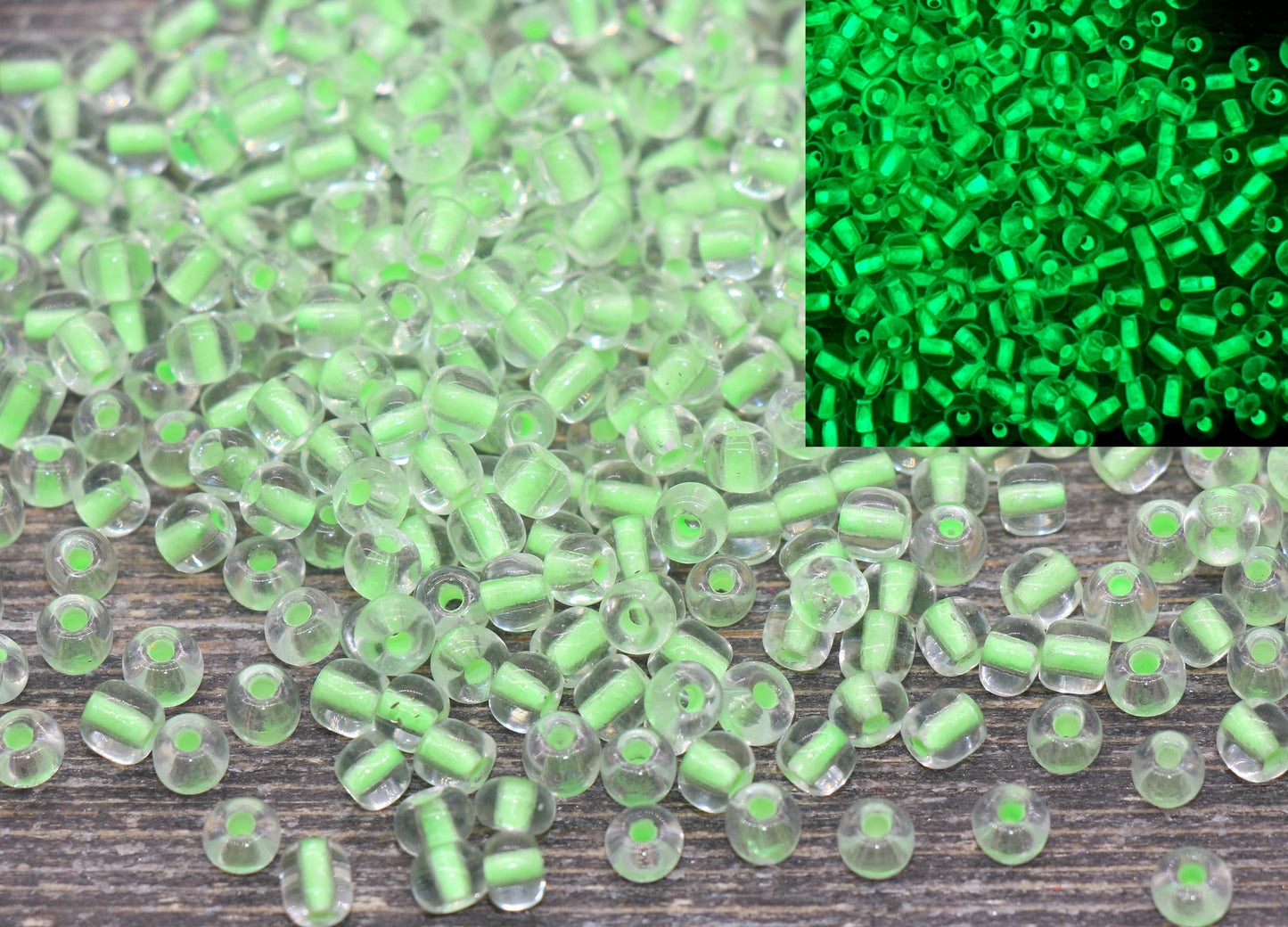 GLOW Glass Beads, 4mm 6/0 Glass Beads, Glow in Dark Transparent Beads with Neon Green Lining Beads, Rocailles Beads, Beading Supplies #2411