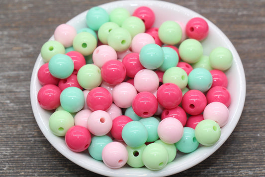 12mm Mix Round Gumball Beads, Pink and Mint Mix Acrylic Loose Beads, Multicolor Bubblegum Beads, Chunky Beads, Smooth Round Beads #2415