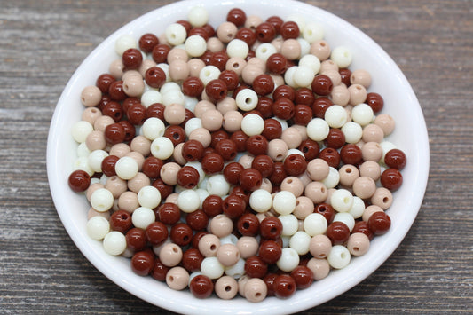 6mm Mix Round Gumball Beads, Ivory and Brown Mix Acrylic Loose Beads, Multicolor Bubblegum Beads, Chunky Beads, Smooth Round Beads #2417