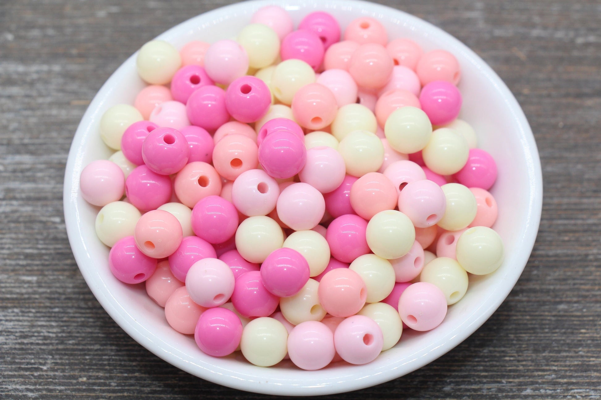 10mm Mix Round Gumball Beads, Ivory and Pink Mix Acrylic Beads, Multicolor Bubblegum Beads, Chunky Beads, Smooth Round Beads #2434