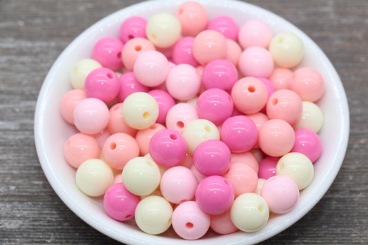 12mm Mix Round Gumball Beads, Ivory and Pink Mix Acrylic Loose Beads, Multicolor Bubblegum Beads, Chunky Beads, Smooth Round Beads #2435