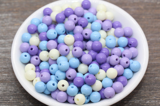 8mm Mix Round Gumball Beads, Ivory Blue Purple Mix Acrylic Loose Beads, Multicolor Bubblegum Beads, Chunky Beads, Smooth Round Beads #2438