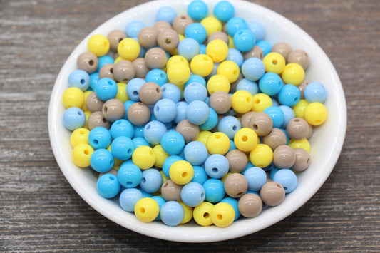 8mm Mix Round Gumball Beads, Blue Yellow Brown Mix Acrylic Loose Beads, Multicolor Bubblegum Beads, Chunky Beads, Smooth Round Beads #2443