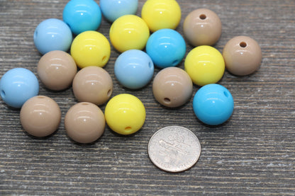 14mm Mix Round Gumball Beads, Blue Yellow Brown Mix Acrylic Loose Beads, Multicolor Bubblegum Beads, Chunky Beads, Smooth Round Beads #2446