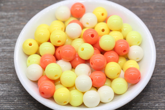 12mm Mix Round Gumball Beads, Orange Yellow Ivory Mix Loose Beads, Multicolor Bubblegum Beads, Chunky Beads, Smooth Round Beads #2450