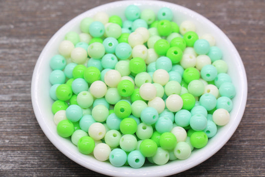 8mm Mix Round Gumball Beads, Ivory and Green Mix Acrylic Loose Beads, Multicolor Bubblegum Beads, Chunky Beads, Smooth Round Beads #2453