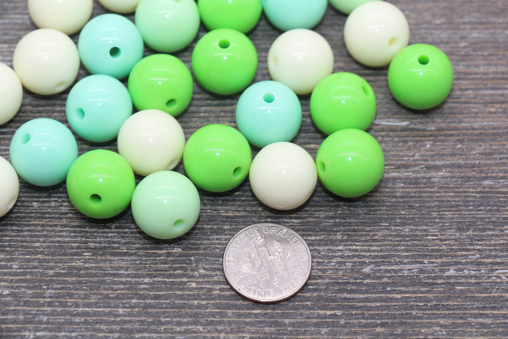 14mm Mix Round Gumball Beads, Ivory and Green Mix Loose Beads, Multicolor Bubblegum Beads, Chunky Beads, Smooth Round Beads #2456